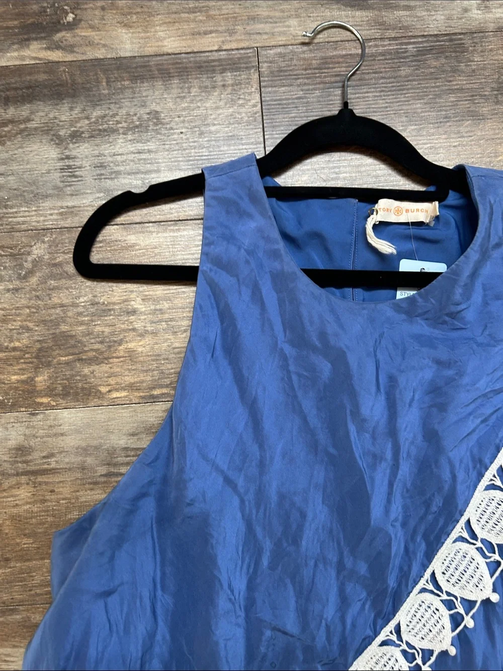 Tory Burch Blue Sleeveless Dress with White Lace Trim